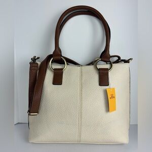 NWT 22 Tote Handbag Pebbled Tote Ivory Brown Double Handle Adjustable Strap